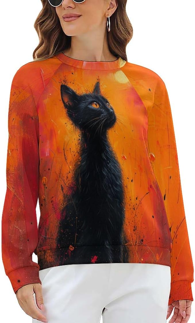 Long Sleeve Shirts for Women Cat Oil Painting Shirt 3D Graphic Sweatshirts Fall Pullover Crewneck Vintage Boho Tops