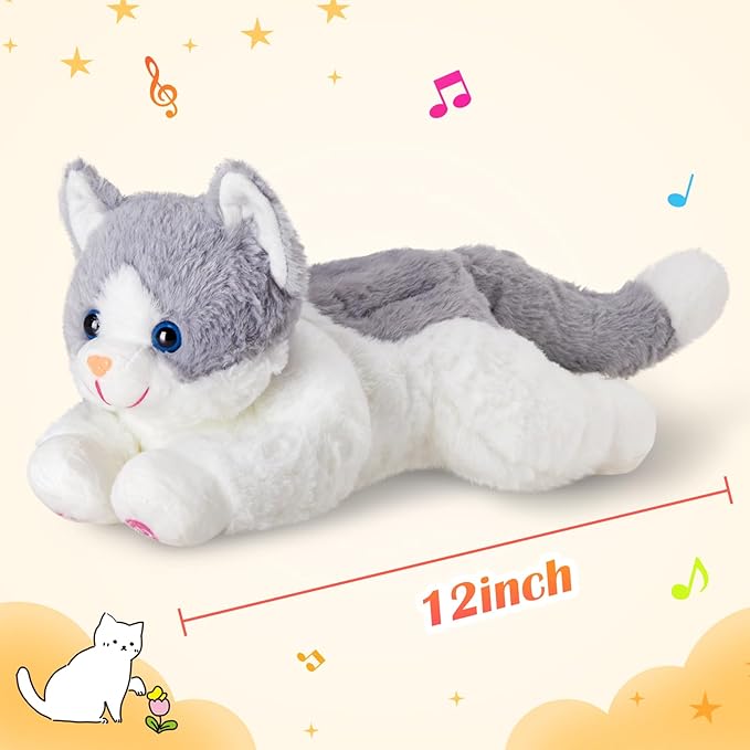 Houwsbaby 15" Gray LED Musical Cat Stuffed Animal Floppy Singing Kitty Light Up Plush Toy Kitten Lullaby Animated Soothe Birthday Festival for Kids Toddlers Girls Boys