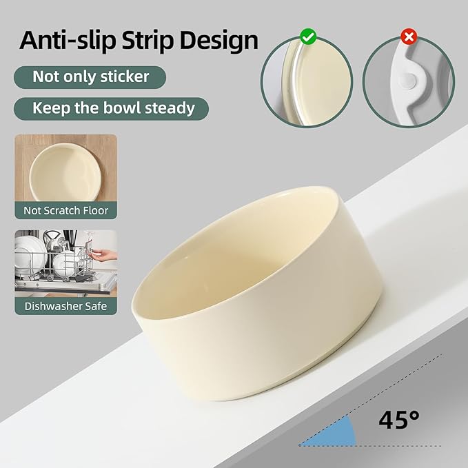 Ceramic Elevated Cat Food and Water Bowl, Kitty Bowl, Raised Cat Dish, Pet Feeder (5.1 in, 2 x Beige + Stand)