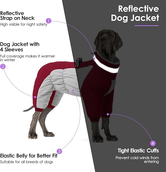 SUNFURA Full Body Dog Coat - Warm Fleece Jacket for Small Dogs, Turtleneck Winter Coats with Harness, Reflective Dog Snowsuit Windproof Puffer Jackets with Legs for Chihuahua, Yorkie, Burgundy XS