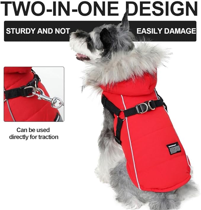PINA Winter Coat for Dogs, Jacket with Waterproof Fabric, Faux Fur Hood, Reflective Strap, Red, S