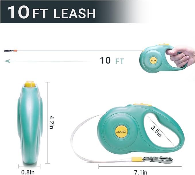 Retractable Dog Leash for Small and Medium Dogs 10 ft, Heavy Duty Nylon Rope with Poop Bag Dispenser, Impact Proof Carabiner, Anti-Slip Handle (Green, 10FT)