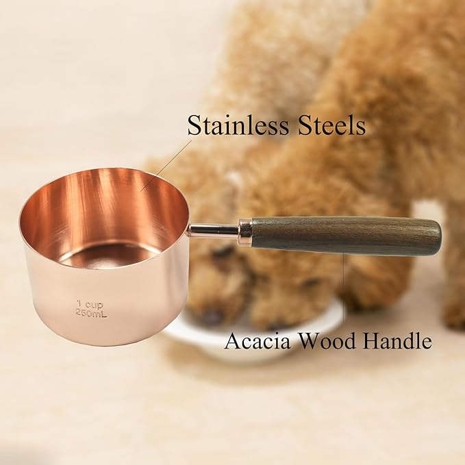 1 Cup Stainless Steel Dog Cat Food Measuring Scoop for Dry and Wet Food, Accurate Measurement for Rice, Flour, Grain (Long Handle Rose Gold)