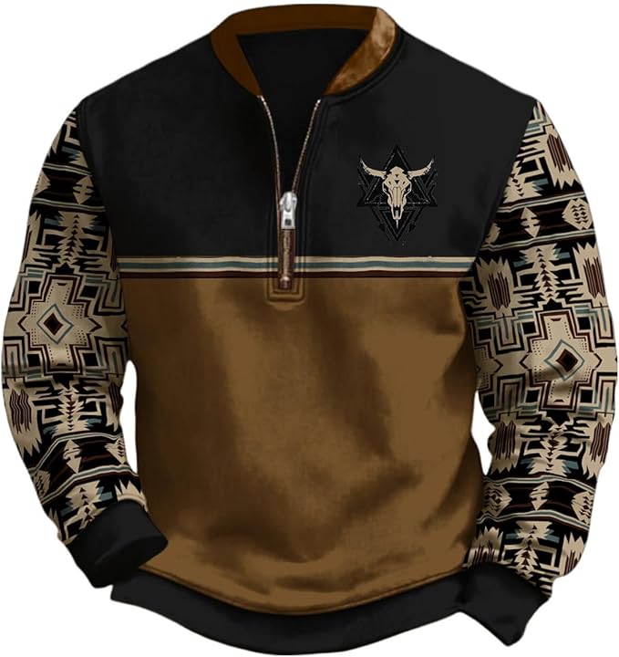 HOTYD Aztec Cowboy Jacket Men Vintage Bullhorn Printed Oversized Western Sweatshirt Long Sleeve Quarter Zip Pullover