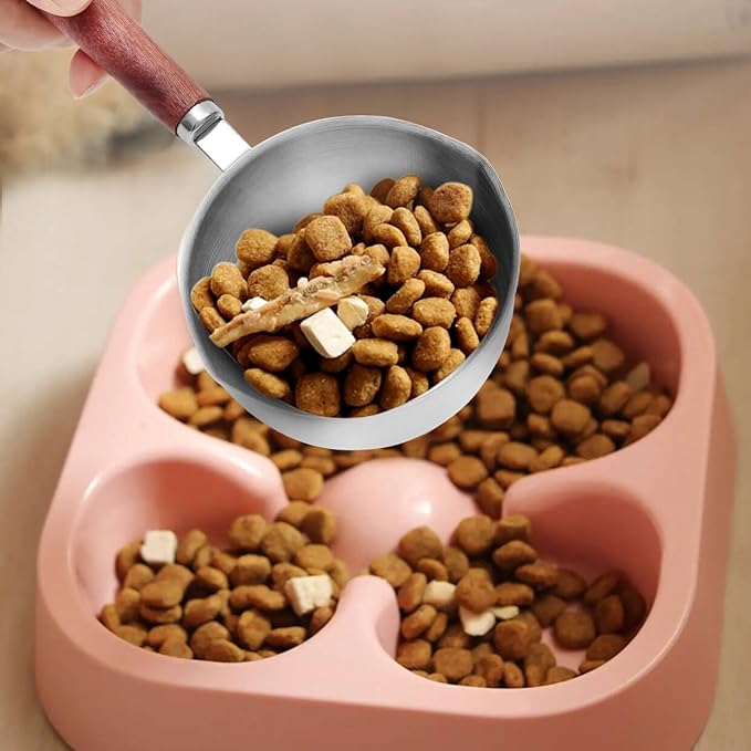 Kichwit Dog Food Scoop Pet Food Scoop 304 Stainless Steel Measuring Cup with Wood Handle, 1 Cup and 1/2 Cup, Pack of 2