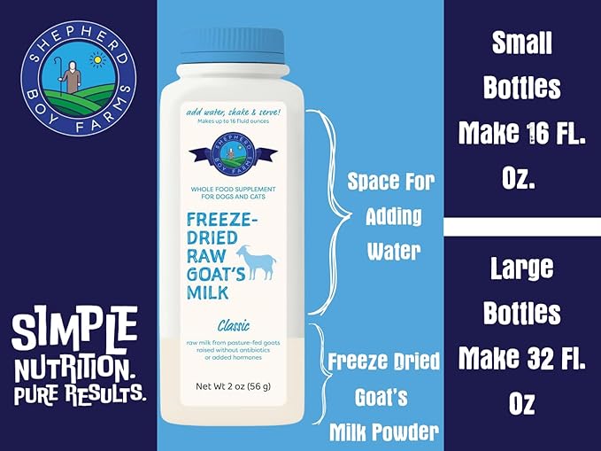 Shepherd Boy Farms Freeze Dried Raw Goats Milk with Probiotics for Dogs & Cats (Super Fruits), Organic USA Fruits, Digestible Goat Milk Powder, Raw Nutrition, High Protein Food Topper - Makes 16 FL Oz