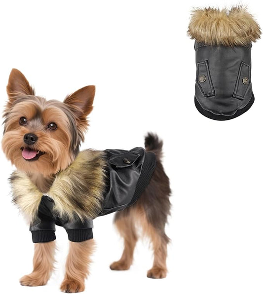 PETLESO Dog Coat for Small Dogs, Dog Leather Jacket Waterproof Windproof, Double Layer Warm Dog Winter Coat with Plush Lined, Black M