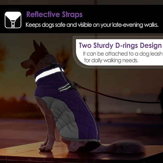 AOFITEE Dog Coat, Warm Dog Winter Coat for Large Dogs, Reflective Turtleneck Dogs Jacket with Harness Built in, Waterproof Windproof Pet Puffer Jacket Fleece Vest for Cold Weather, Purple XXXL