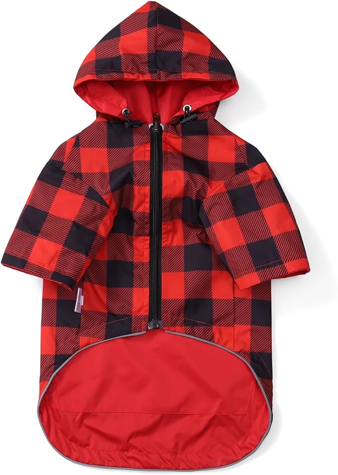 Dog Raincoat Dogs Waterproof Reversible rain Jacket Dog Small Medium Breeds Reflective Zipper Storage Pocket Harness Hole - Red - S