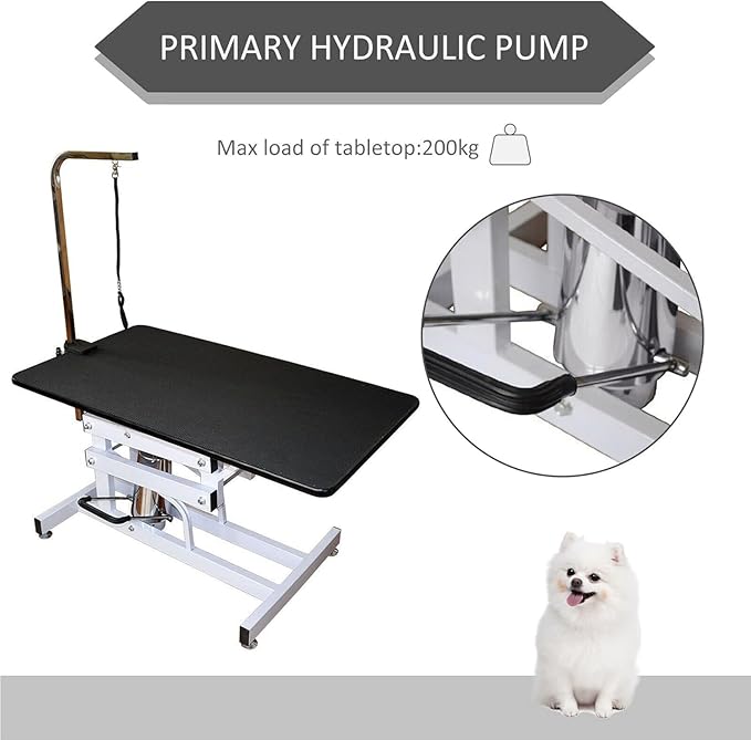 42.5" Hydraulic Dog Grooming Table for Large Dogs Heavy Duty Height Adjustable Dog Grooming Table with Overhead Arm & Noose Height Range 21-36 inch Pink
