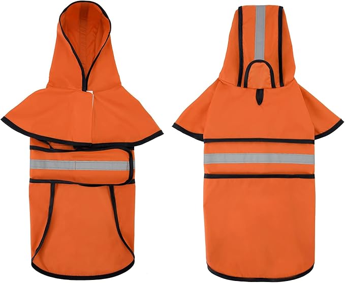 HDE Dog Raincoat Jacket Reflective Adjustable Hooded Pet Poncho Rain Coat with Leash Hole for Small to X-Large Dogs Safety Orange - M