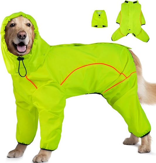 Dog Raincoat, Waterproof Dog Rain Jacket with Removable Hood，Adjustable 4 Legs Pet Poncho with Leash Hole，Reflective Stripe Hooded Snowproof Windproof Clothes for Small to 3X-Large Dogs, 3XL