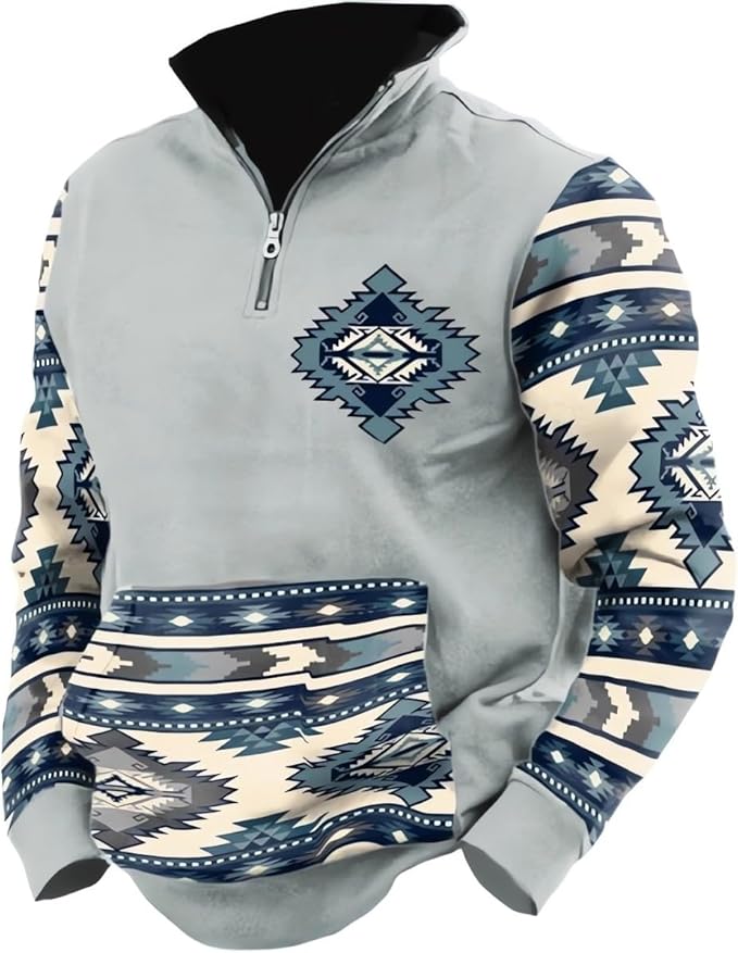 HOTYD Aztec Cowboy Mens Hoodie Vintage Graphic Western Hoodies Casual Long Sleeve 1/4 Zip Pullover Mens Country Jacket