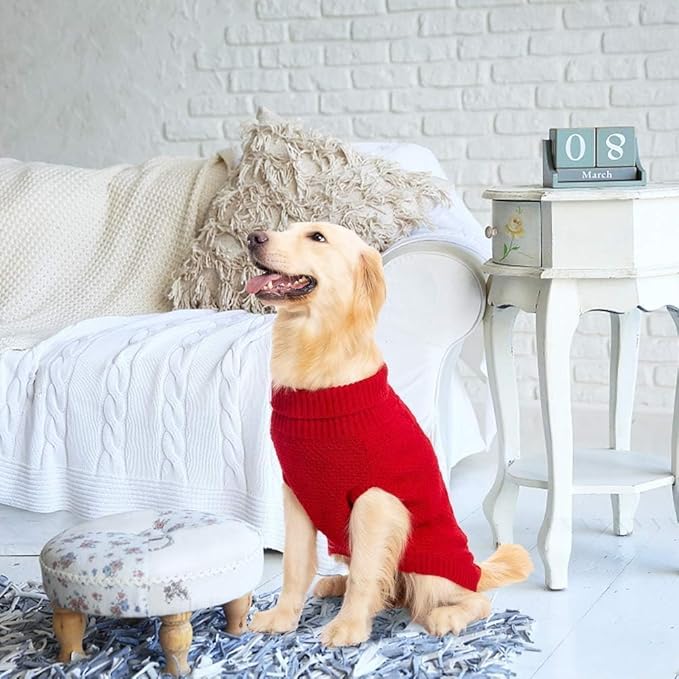 Mihachi Turtleneck Dog Sweater - Winter Coat Apparel Classic Cable Knit Clothes with Leash Hole for Cold Weather, Ideal Gift for Pet in New Year Red Medium/Large