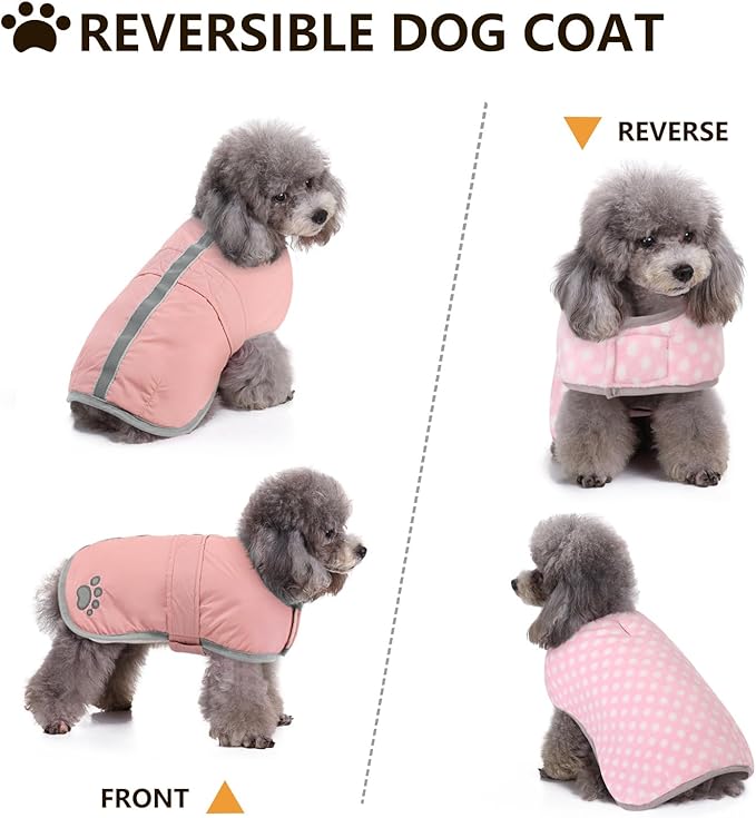 Queenmore winter dog coat - Fleece puffer down vest, waterproof reflective reversible sweater with sizes (light pink, M)