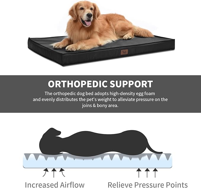 Outdoor Extra Large Dog Bed, Jumbo Waterproof Dog Bed for Large Dogs, Orthopedic Egg Crate Foam Pet Mat with Removable Oxford Cooling Cover, Black