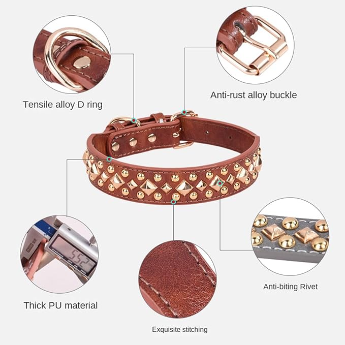 Spiked Dog Collar Soft Pu Leather Mushrooms Rivet Spike Studded Puppy Adjustable Pet Collars for Small Breeds (S, Brown3)