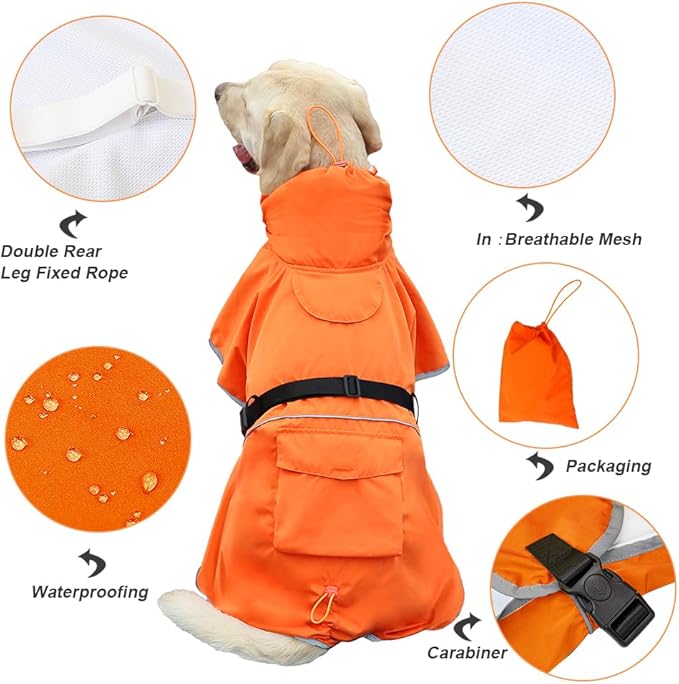 Reflective Dog Raincoat Waterproof Adjustable Dog Hooded Poncho Raincoat for Medium Large Dogs, Lightweight Pet Rain Jacket (Orange, XL)
