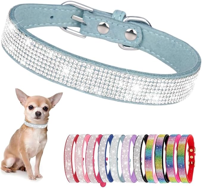Serijoars Small Dog Collar with Rhinestone Crystal Diamond Colorful Bling Girl Puppy Cat Collars (XXS, Light Blue)
