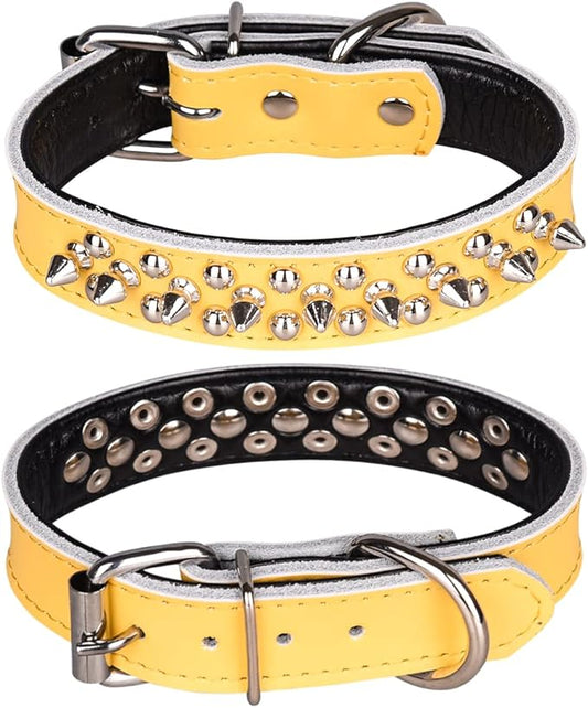 Adjustable Genuine Leather Spiked Studded Dog Collars for Small Medium Large Pets Like Pit Bull Bulldog Pugs Husky (L, Yellow)