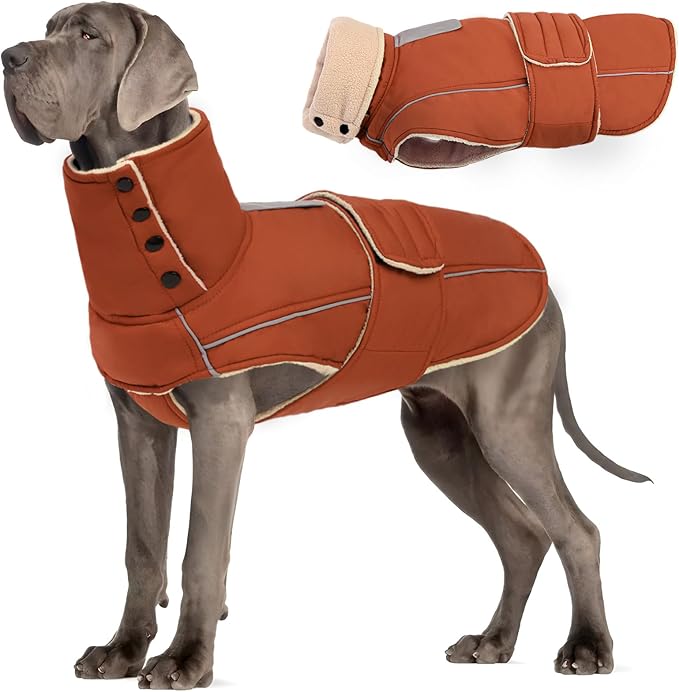 ASENKU Warm Dog Coat, Waterproof Dog Jackets for Large Dogs with Reflective Fleece Vest Turtleneck with Button,Windproof Cold Weather Coats for Small Medium Large Dogs, Red Brown, 3XL