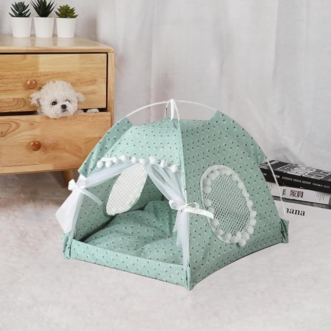Cat Bed Tents Dog House Indoor Outdoor Lace Mesh Breathable Windows Door Curtains Removable Portable Nest Teepe House (Small,Mint&White)