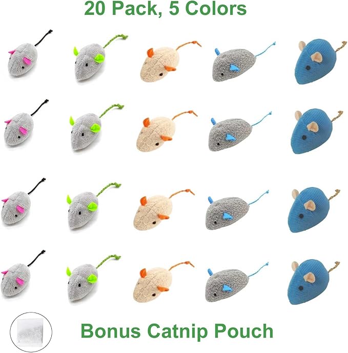 Cat Toys Mice for Bored Indoor Cats, 20 Pack Plush Mice with Catnip Smell and Bonus Pouch, Interactive Mouse Toy for Adult and Kitten (20 Pack Catnip Toys (5 Colors, 4 of Each Color))