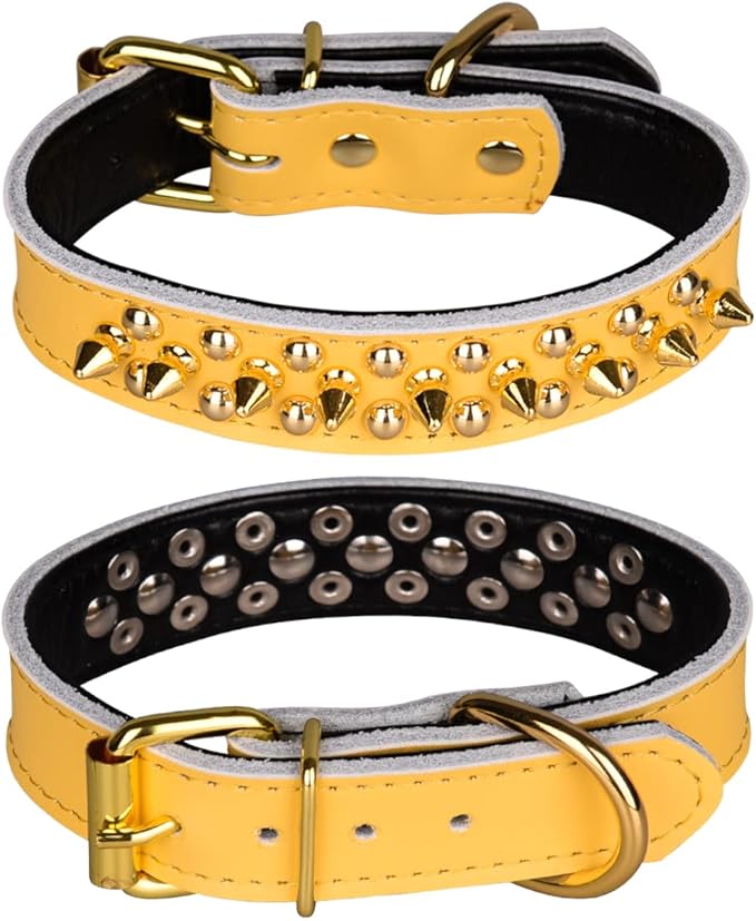 Adjustable Genuine Leather Spiked Studded Dog Collars for Small Medium Large Pets Like Pit Bull Bulldog Pugs Husky (M, Yellow2)