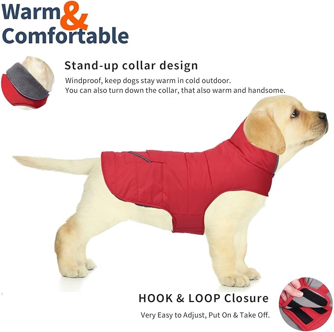 Dog Coat, Waterproof Dog Winter Jacket with Pocket, Reflective Adjustable Pet Snow Vest, Warm Cozy Fleece Sweater for Small Medium Extra Large Dogs - Red, XL