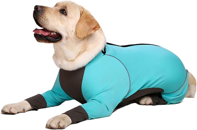 Jumpsuit for Medium Large Dogs, 4 Legged Recovery Onesie, Waterproof Blue Zip Up Clothes, Big Pajamas Pjs Gifts, Full Belly (Blue, 28)