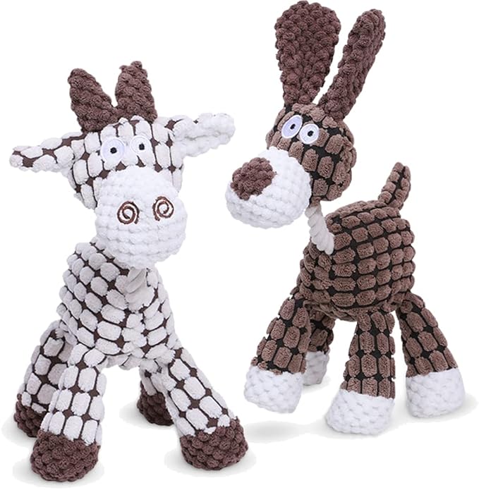 Soputry Plush Squeak Pet Toys, Squeaky Interactive Stuffed Plush Chew Toy for Small to Large Dogs (Cow & Dog)