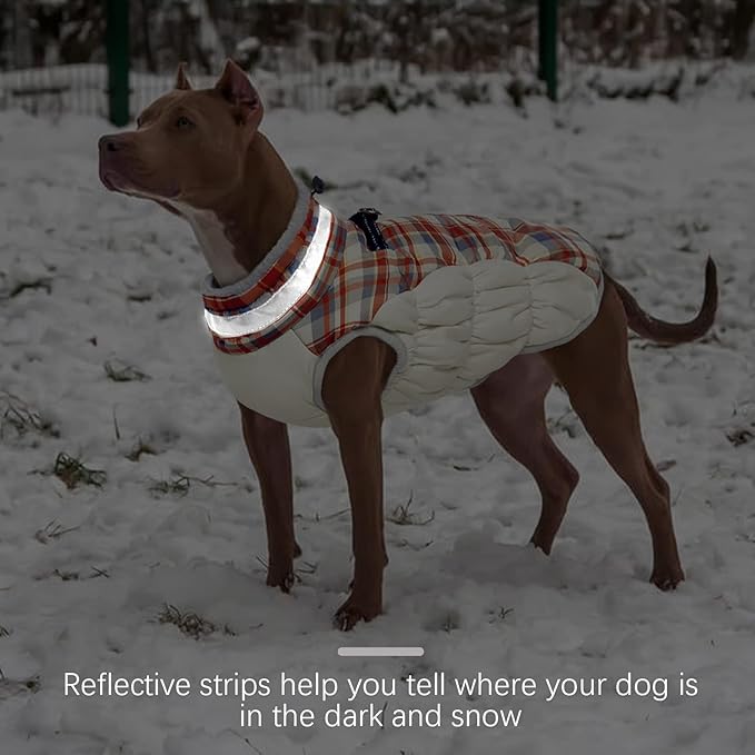 FUAMEY Dog Coat for Large Dogs,Waterproof Dog Winter Jacket with Harness Built in Puppy Cold Weather Coats Reflective Pet Vest with Zipper Warm Fleece Dogs Snowsuit Windproof Red Plaid L