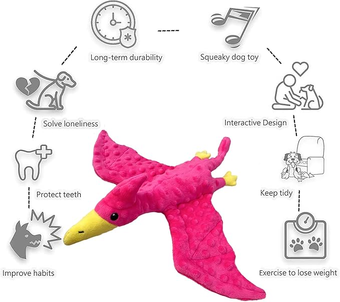 Squeaky Dog Toys Plush Dog Toy with Crinkle Paper Stuffed Durable Dog Chew Toys for Small Middle and Large Dogs Pterodactyl Orange