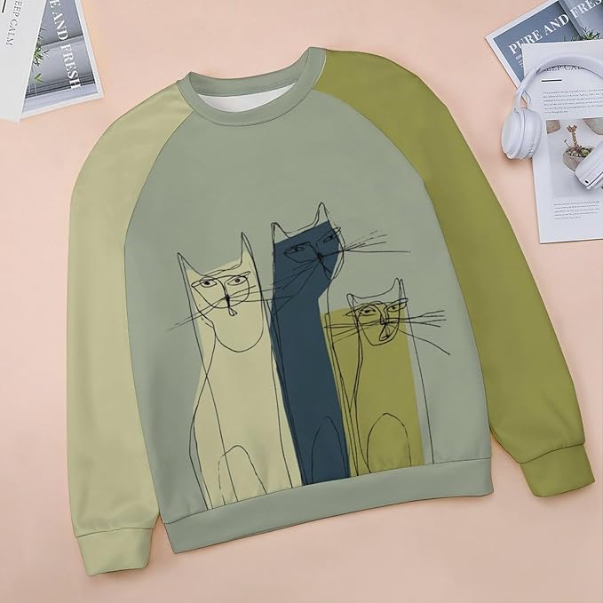 Abstract Cute Cat Shirts for Women Long Sleeve Lady Crewneck Pullover Sweatshirt Fall Winter Oversized Tops