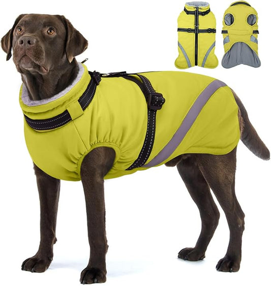 BRKURLEG Dog Winter Jackets for Large Dogs, Dog Coat with Harness Built in, Dogs Snowsuits with Zipper, Waterproof Windproof Pet Puffer Jacket Fleece Vest for Labrador, German Shepherd, Green XXXL