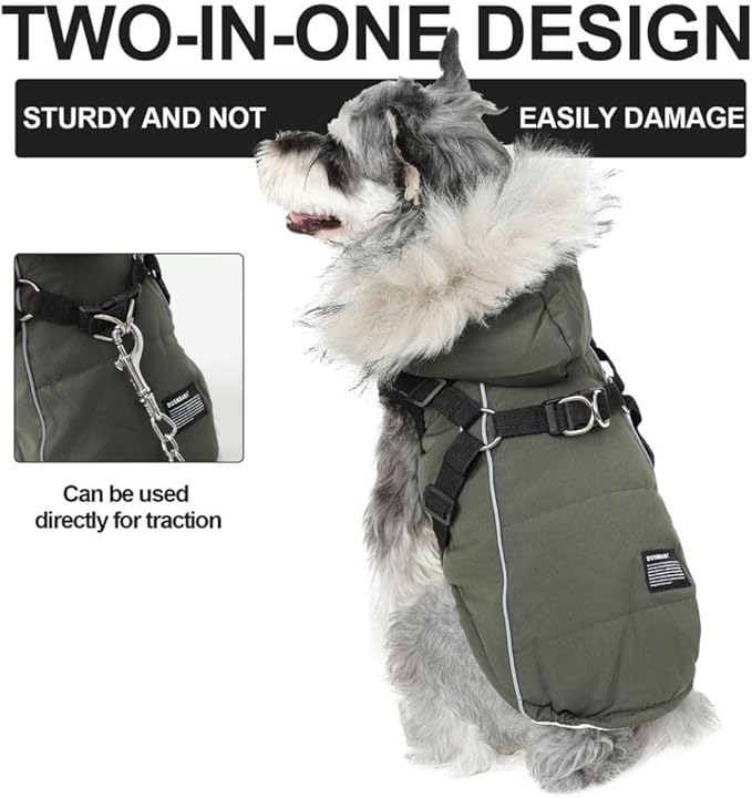 PINA Dog Winter Coat - Waterproof & Faux Fur Hooded Jacket with Reflective Strap for Medium/Small Dogs, Green, L/XL