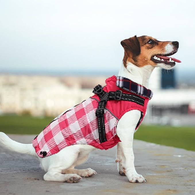 Dog Coat with Harness,Small Dog Winter Coat,Doggie Jackets with Built in Harness,Adjustable Warm Jacket for Medium Large Dogs,Pet Puppy Cold Weather Coats for Dogs Waterproof (PlaidPink, Small)