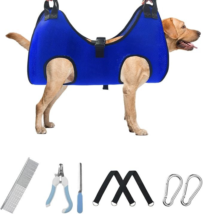 Pet Dog Grooming Hammock for Nail Trimming,Dog Restraint Hanging Harness for Nail Clipping,Dog Grooming Sling for Large Dogs with Nail Clippers/Nail File/Pet Comb,Claw Care(XXL for 90lb)