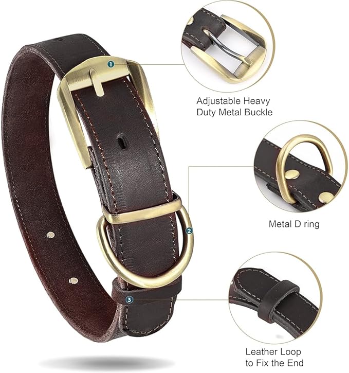 Didog Genuine Leather Dog Collars with Engraved Nameplate, Personalized Soft Leather Dog Collar with Custom ID Tag, Brown/Green/Red for Medium Large Dogs (XXL,Brown)