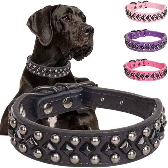 Serijoars Spiked Studded PU Leather Dog Collar for Small, Medium, Large Breeds, Pit Bull, Bully, Husky, Terrier, Adjustable (Black, M (32-38CM))