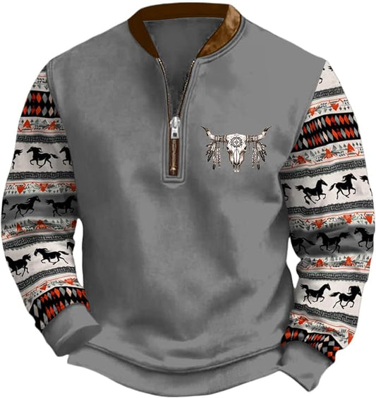 HOTYD Aztec Cowboy Jacket Men Vintage Bullhorn Printed Oversized Western Sweatshirt Long Sleeve Quarter Zip Pullover