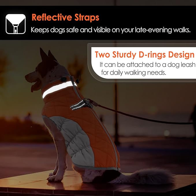 AOFITEE Dog Coat, Warm Dog Winter Coat for Large Dogs, Reflective Turtleneck Dogs Jacket with Harness Built in, Waterproof Windproof Pet Puffer Jacket Fleece Vest for Cold Weather, Orange XXXL