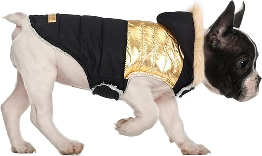 HDE Dog Puffer Jacket Fleece Lined Warm Dog Parka Winter Coat with Harness Hole 90s Black and Gold Metallic - S