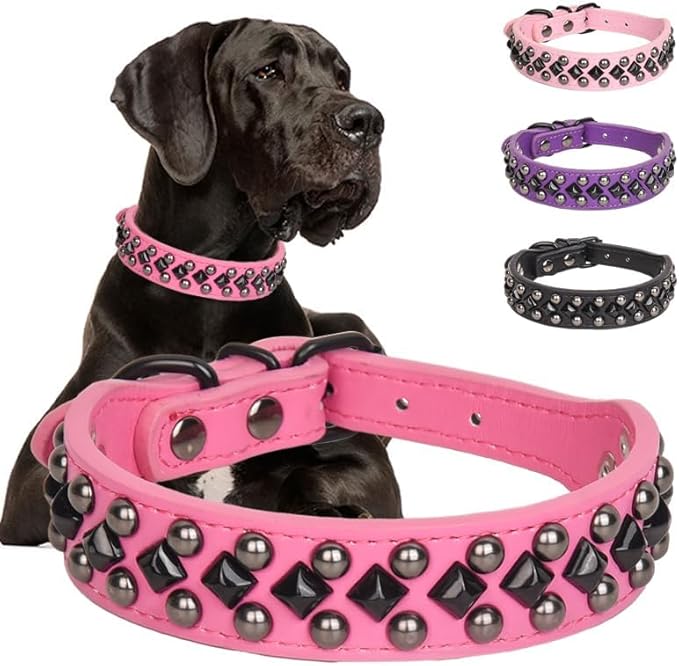 Serijoars Spiked Studded PU Leather Dog Collar for Small, Medium, Large Breeds, Pit Bull, Bully, Husky, Terrier, Adjustable (Hot Pink, XL (45-52CM))