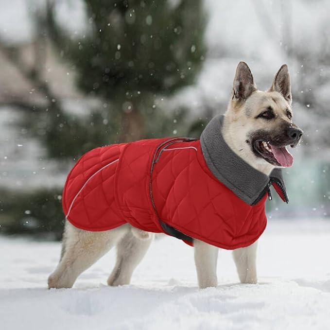 Kuoser Super-Warm Dog Jacket, Fleece Lined Turtleneck Snowsuit for Extra Large Dogs Boy Girl, Windproof Reflective Dog Winter Coat Christmas Pet Cold Weather Clothes, Red 2XL