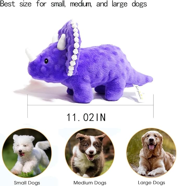 Squeaky Dog Toys Plush Dog Toy with Crinkle Paper Stuffed Durable Dog Chew Toys for Small Middle and Large Dogs Triceratops Purple