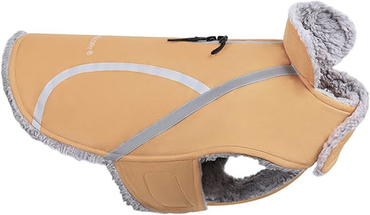 VIVAGLORY Frostfit Dog Coat, Dog Jacket for Winter & Cold Weather, Warm Fluffy Fleece Lined Water Resistant Reflective for Puppy, Coat with Velcro Fastening & Leash Hole, L, Khaki