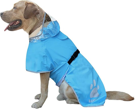 Waterproof Dog Raincoat, Reflective Adjustable Hooded Dog Rain Coat, Lightweight Breathable Pet Rain Jacket Poncho Double Layer with Leash Hole for Small Medium Large Dogs (Blue, XX-Large)