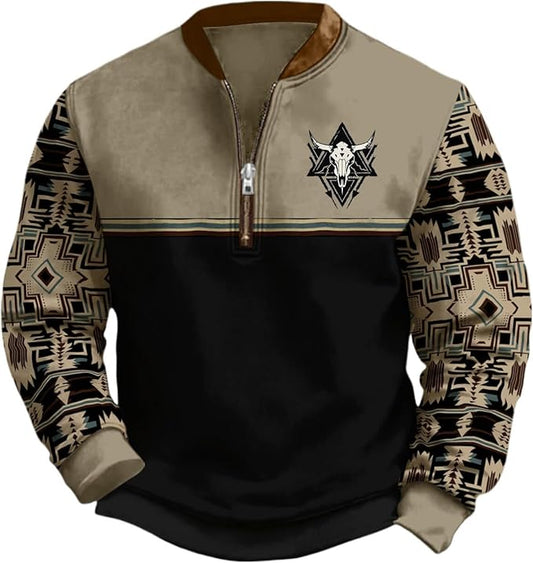 HOTYD Aztec Cowboy Jacket Men Vintage Bullhorn Printed Oversized Western Sweatshirt Long Sleeve Quarter Zip Pullover