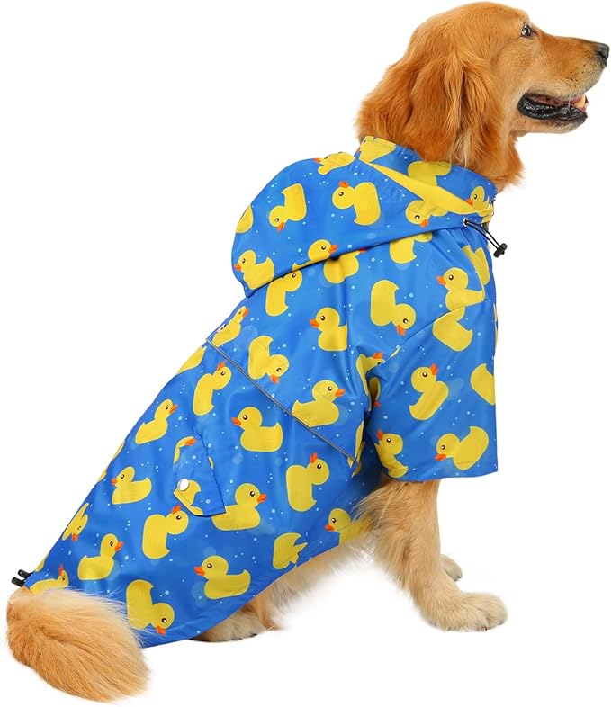 HDE Dog Raincoat Poncho Double Layer Zip Rain Jacket with Removable Hood, Leash Hole for Small to 3XL Dogs and Puppies Ducks Blue - XL